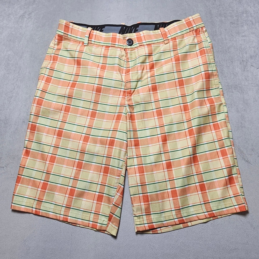 Nike Golf Dri-FIT Shorts Mens 32 Orange Yellow Plaid Standard Fit Flat Front